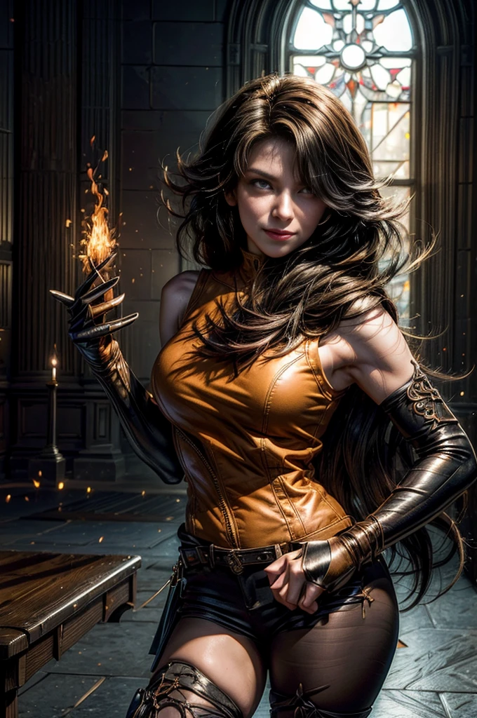 (masterpiece, best quality:1.2), cowboy shot, solo, 1girl, cinder fall, evil smile,holding flames, looking at viewer, long hair, t-shirt, white skirt, sleeveless jacket, elbow gloves, pantyhose, standing inside huge gothic library (volumetric lighting), sharp focus, hyper detailed 