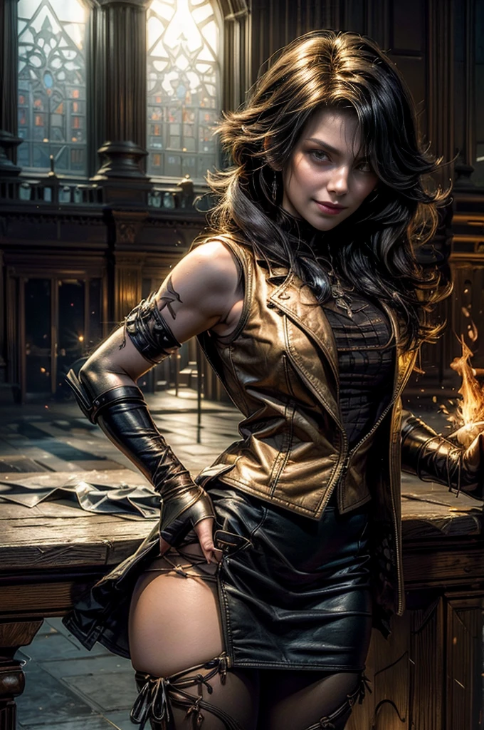 (masterpiece, best quality:1.2), cowboy shot, solo, 1girl, cinder fall, evil smile,holding flames, looking at viewer, long hair, t-shirt, white skirt, sleeveless jacket, elbow gloves, pantyhose, standing inside huge gothic library (volumetric lighting), sharp focus, hyper detailed