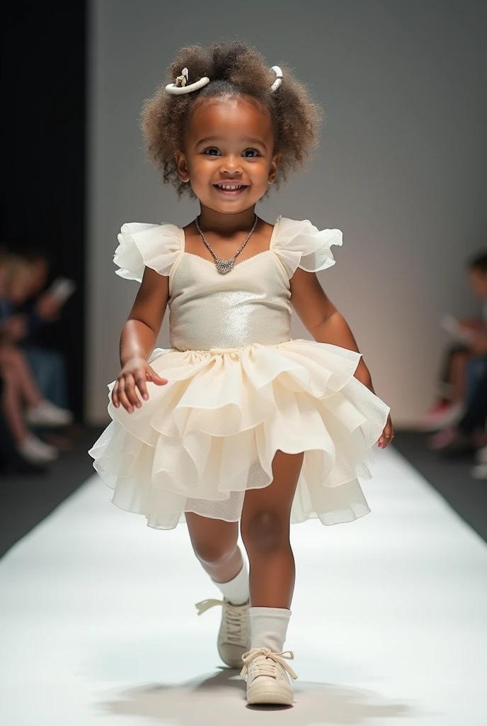 Create a scene where an adorable baby is dressed in a fashionable outfit made from the inside of toilet paper slices and a fashionable couture dress and walks confidently down the runway, smiling, showing off her ultra-realistic fashion sense. camera moving