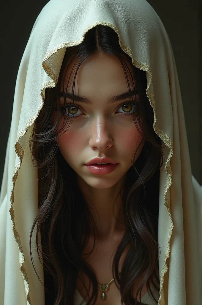 Woman of European origin with long hair ,big brown eyes, big mouth , large nose, kneeling with a long veil covering her long hair