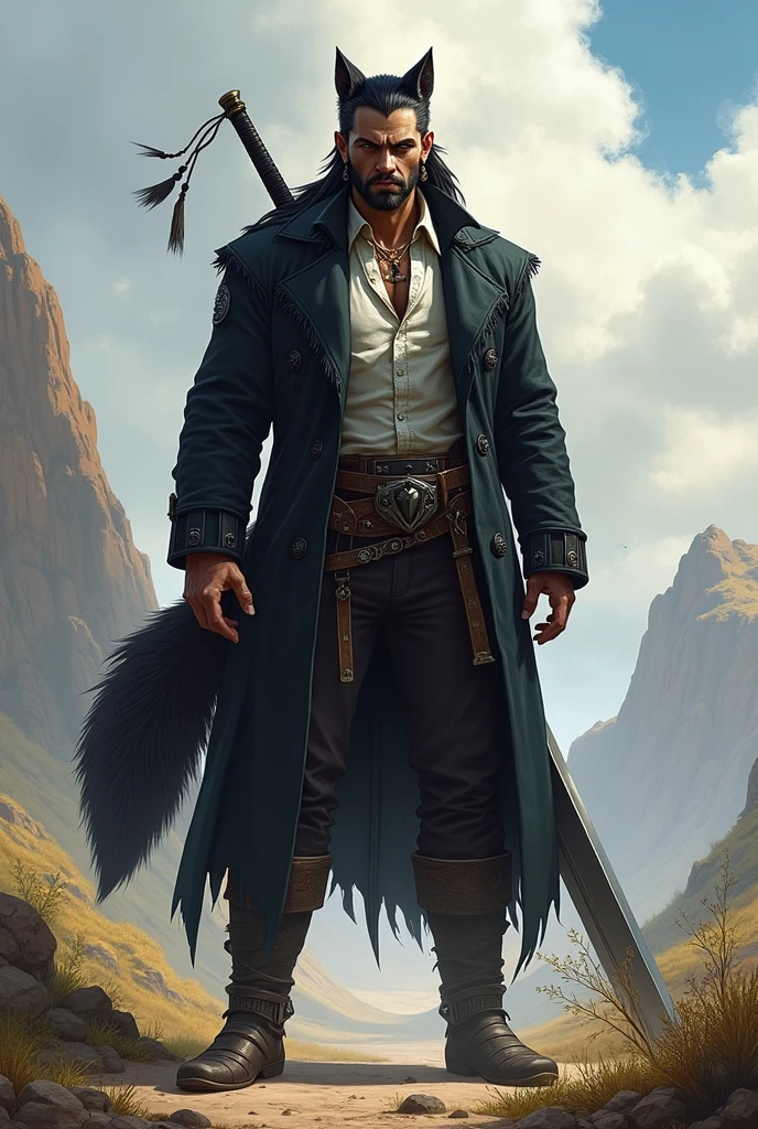 He is a tall indigenous man, 2 meters tall, with a square face and short dark hair and a beardless face with a smooth face. His eyes are wolf-like and one of them is closed with pointy ears with earrings. He wears a dark black overcoat with a white shirt underneath and dark pants and has a strong physique and a large wolf tail. A large sword is strapped to his back. I would like the art in a fantasy RPG style. In the Wild West