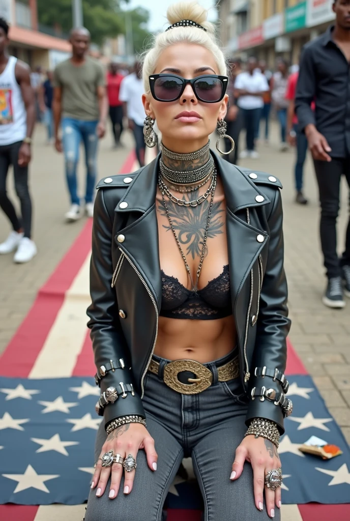 Anglosaxon old milf woman, , blonde platinum hair (beehive bun, black parsley headband), with very light green eyes, extremely pale. Wearing oversized square black maxisunglasses Wearing studded cropped black moto jacket (zippers on the side. Black lace push up bra, dark grey skinny low rise jeans with holes on knees .White tennis sneakers. Lots of thick wide studded bracelets, chain collars and big rings. Tacky wide studded leather belt, with big skull and bones round buckle. Long earrings with chains. Kneeling on a large ragged usa flag, looking at the photographer. Craving, sensual face. Hands on knees. Waste and trash on the floor. Looking at the camera, chin up. Toned abdominals, thin neck, slim legs and thin arms. Neck, chest, belly, hands and arms completely tattoed. Street of Nairobi, crowded with standing people