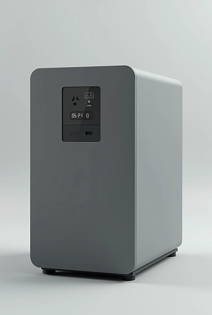 Portable power station : features is  The color of the device should be gray tones, with dimensions of 55cm x 35cm x 60cm, 3 AC inputs on the front, a square digital screen for control and USB and Type-C inputs.