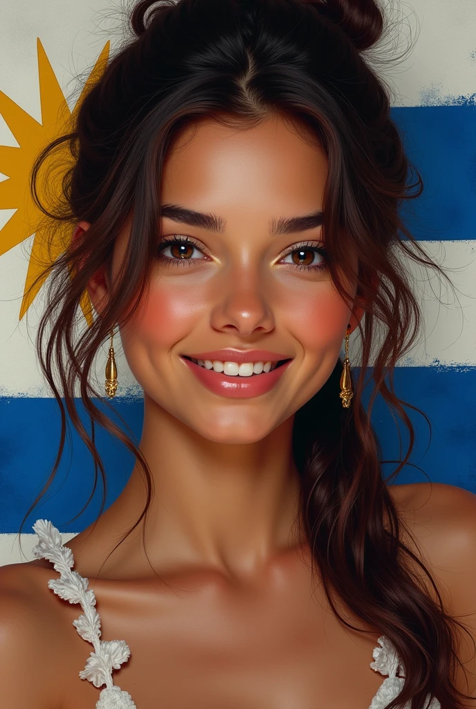 Create a portrait of a 20 year old woman who looks like she's from Uruguay with the Uruguay flag
