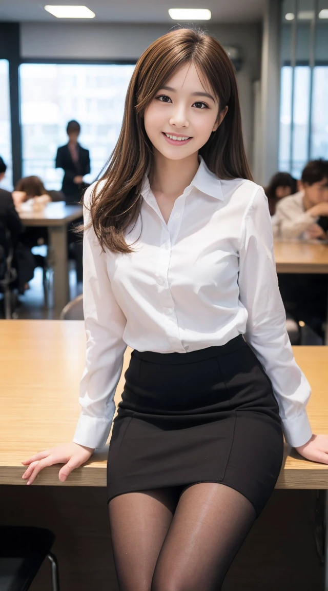 (Happy expression:1.26)、RAW Photos、(((The ultimate beauty full-body photo)))、((Glowing Skin))、1 person、Beautiful 28 year old woman from Prague、Bright expression、((Brown Hair))、Shirt on、skirt、(pantyhose)、(Upskirt)、Contrapuntal Shot、((Very detailedな))、(Perfectly detailed face)、(Beautiful Hands)、Photorealistic images、最high quality、Very detailedな、Film Light、Intricate details、High resolution、Very detailed))、Detailed Background、8 times、Digital single-lens reflex camera、Soft Light、high quality、Film Grain、Fujifilm XT3 、Shallow depth of field、natural Soft Light、Kamimei、The background is the office　lunch　オフィスでlunch　lunch　大勢でlunch　A compelling smile
