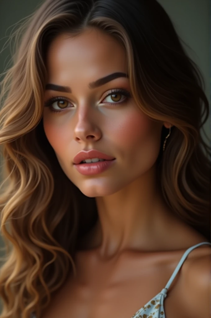 women, wavy hair color chocolate. Almond eyes, wavy hair. Brown skin. full lips.