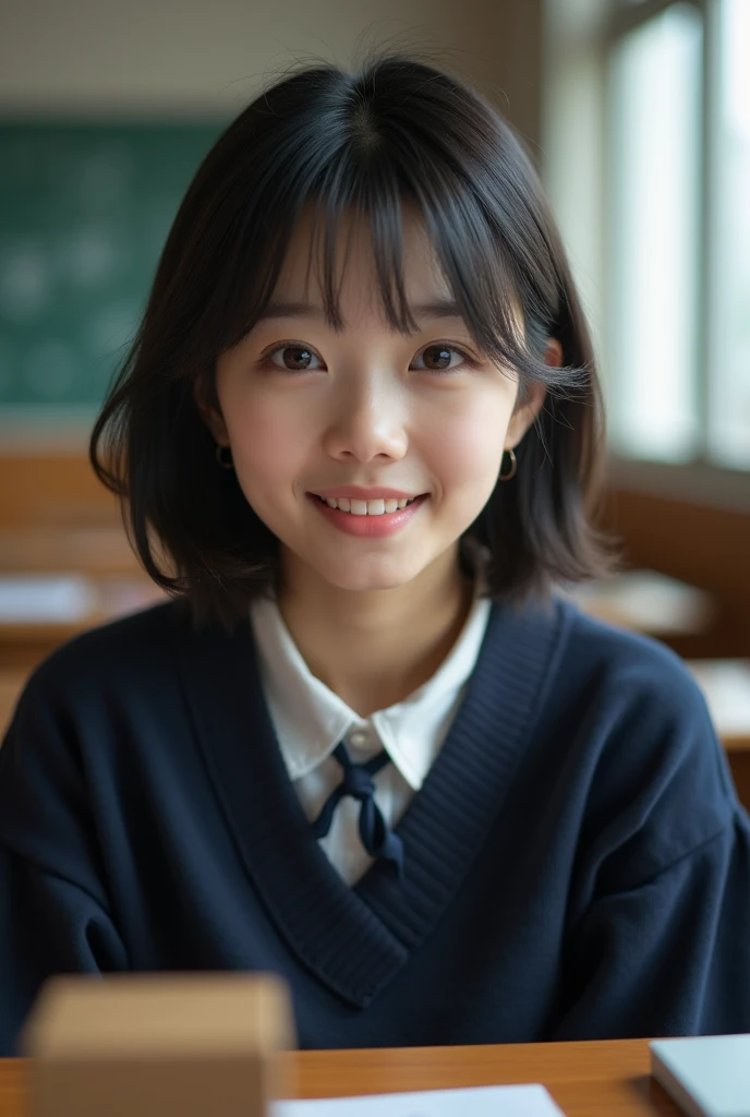 Highest quality, Face Focus, Soft Light, Ultra-high resolution, (Realistic:1.4), RAW Photos, 1 Japan, alone, cute, (A shy smile:0.5), (Brown eyes, Light in your eyes), Beautiful face in every detail, (Small box),(High resolution detail of human skin texture), (Short Bob Hair), break, In the classroom,Navy uniform, Best, skirt