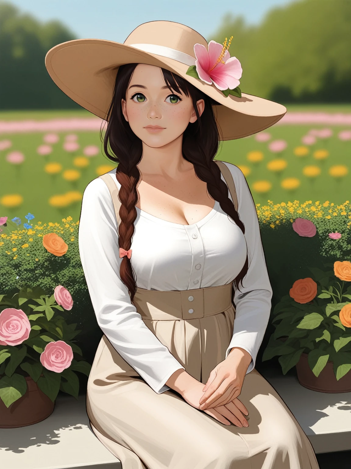 score_9, score_8_up, score_7_up, BREAK, rating_safe, zy_mirabel, 1girl, long hair, hat, flower, braid, freckles, hat flower, twin braids, large breasts, green eyes, sit, garden, realistic, photo, real hair, detailed skin, highly detailed, detailed skin, depth of field, film grain,animation, ikuchan 