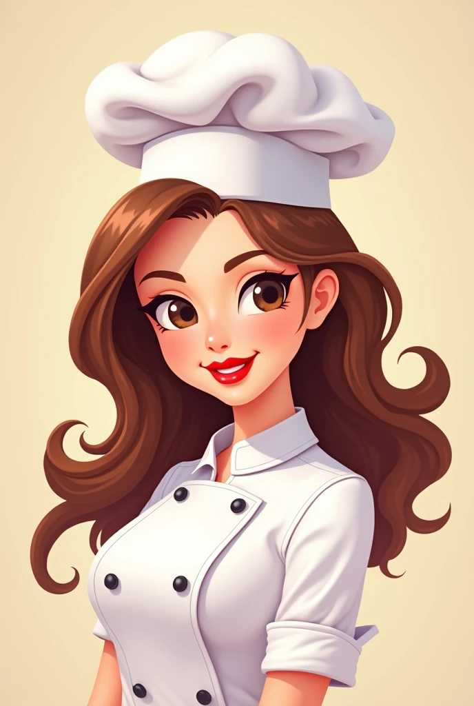 Female chef with chef hat with brown hair red lips straight hair animated for restaurant logo 