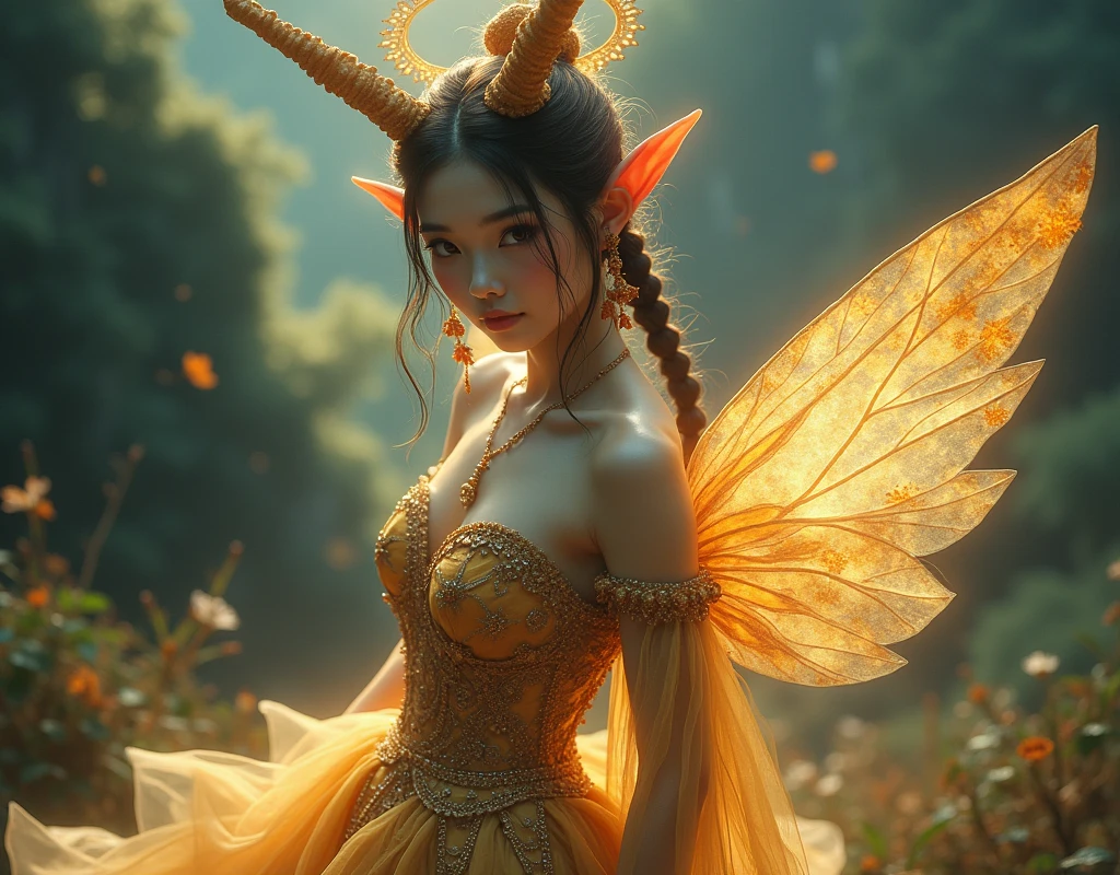 (Ogata Kōrin style:1.2) Over-the-Shoulder type painting of a (a beautiful Asian female fairy with Ball Gown outfit and tattooed:1.3), she have (elf like ears:1.3), (Nubian ibex horns:1.3), halo over her head and standing with a magical creature who’s shape is like golden blue light in front of a natural landscape, intricate details, UHD, sharp focus, shallow depth of field, 8k, photography focus, blur, realistic, dramatic lighting film grain, 85mm, focus sony a7 4, 85mm 1.2 Gmaster, by Ogata Kōrin