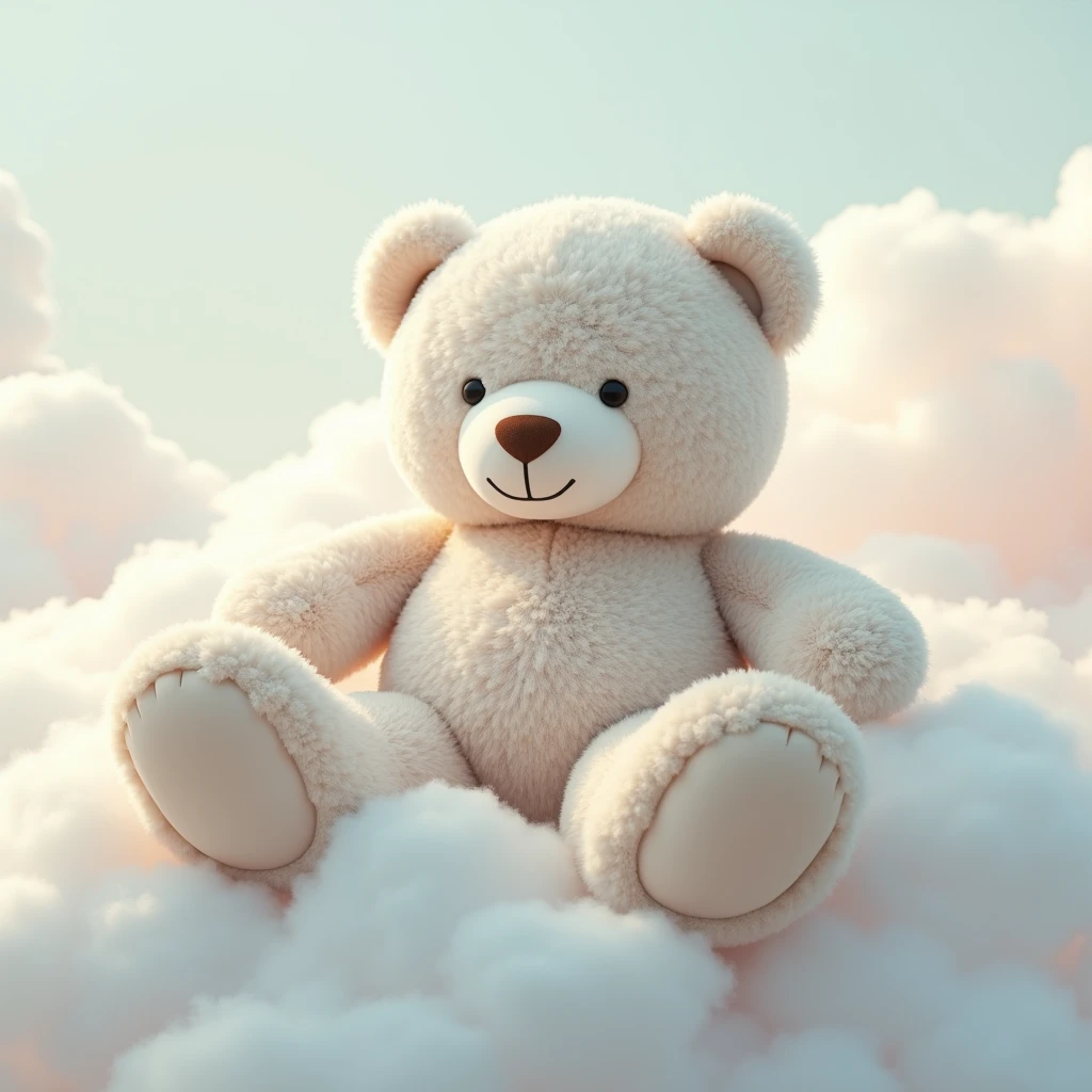 A giant teddy bear, with soft, shiny fur, lying on a cloud. O urso usa um laço de cetim doradas e tem uma expressão serena. Fundo offwhite com leves nuances de azul e rosa. Artistic style: Photographic realism, foco nos detalhes, soft lighting. colors: tons pastel, offwhite, doradas.