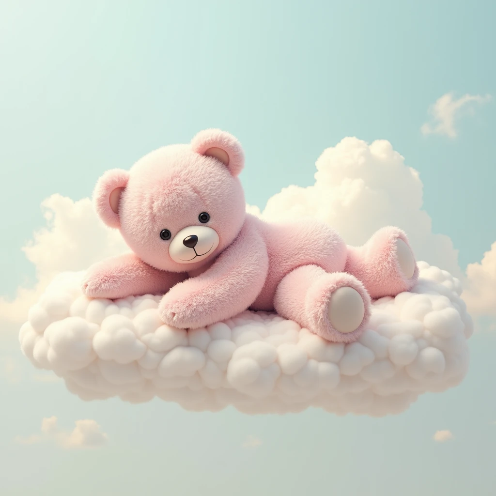 A giant teddy bear, with soft, shiny fur, lying on a cloud. O urso usa um laço de cetim doradas e tem uma expressão serena. Fundo offwhite com leves nuances de azul e rosa. Artistic style: Photographic realism, foco nos detalhes, soft lighting. colors: tons pastel, offwhite, doradas.