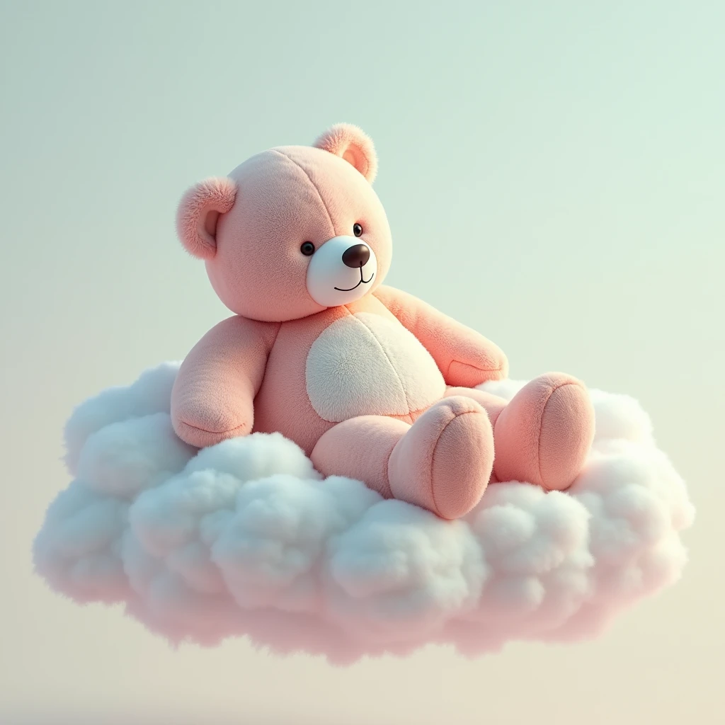 A giant teddy bear, with soft, shiny fur, lying on a cloud. O urso usa um laço de cetim doradas e tem uma expressão serena. Fundo offwhite com leves nuances de azul e rosa. Artistic style: Photographic realism, foco nos detalhes, soft lighting. colors: tons pastel, offwhite, doradas.