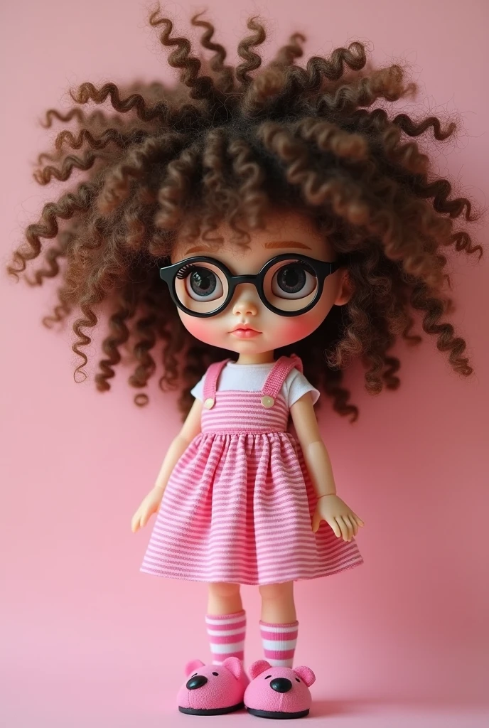 Create a curly brown blythe doll with straightened parts, brown with extremely messy and voluminous hair wearing round black prescription glasses. Have her wear a pink striped dress with thick straps and pink striped bear socks. Also let her wear a My Melody slipper. No accessories or makeup