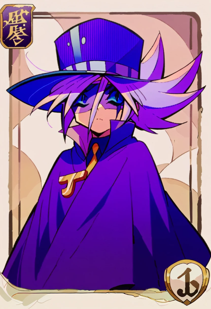 Highest quality,Masterpiece,Pro Art,8k,Based on anatomy,silk hat,Card Throwing,Light purple hair,Eye mask,Purple Cape,Japan animated style,