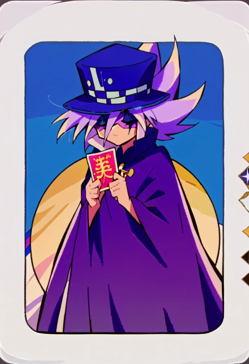 Highest quality,Masterpiece,Pro Art,8k,Based on anatomy,silk hat,Card Throwing,Light purple hair,Eye mask,Purple Cape,Japan animated style,