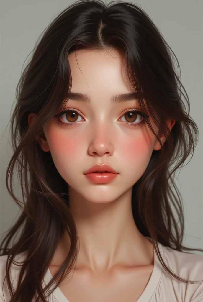 brunette girl, brown eyes, small nose, normal mouth, photo taken from the front and it is as realistic as possible.
