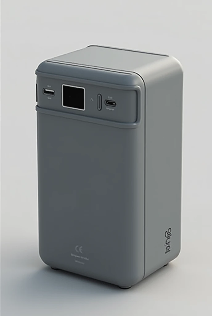Portable power station : features is  The color of the device should be gray tones, with dimensions of 55cm x 35cm x 60cm, 3 AC inputs on the front, a square digital screen for control and USB and Type-C inputs.