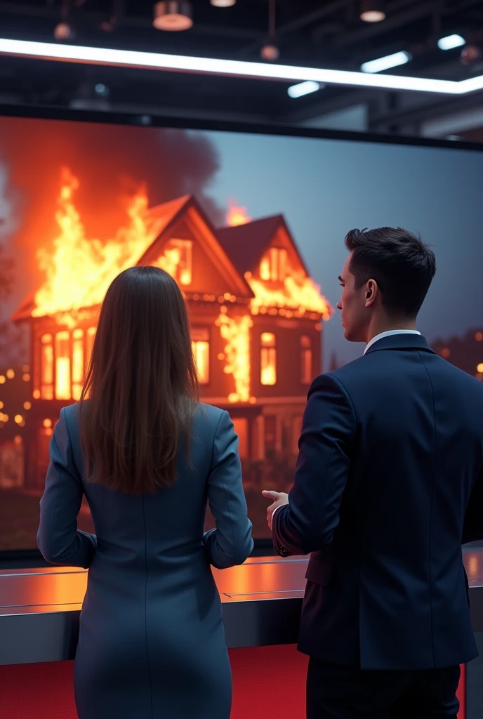 Image of a newscast being played on TV and there are two presenters (male and female) of news and behind them you can see on another screen that a house is burning DRAWING 



 
 