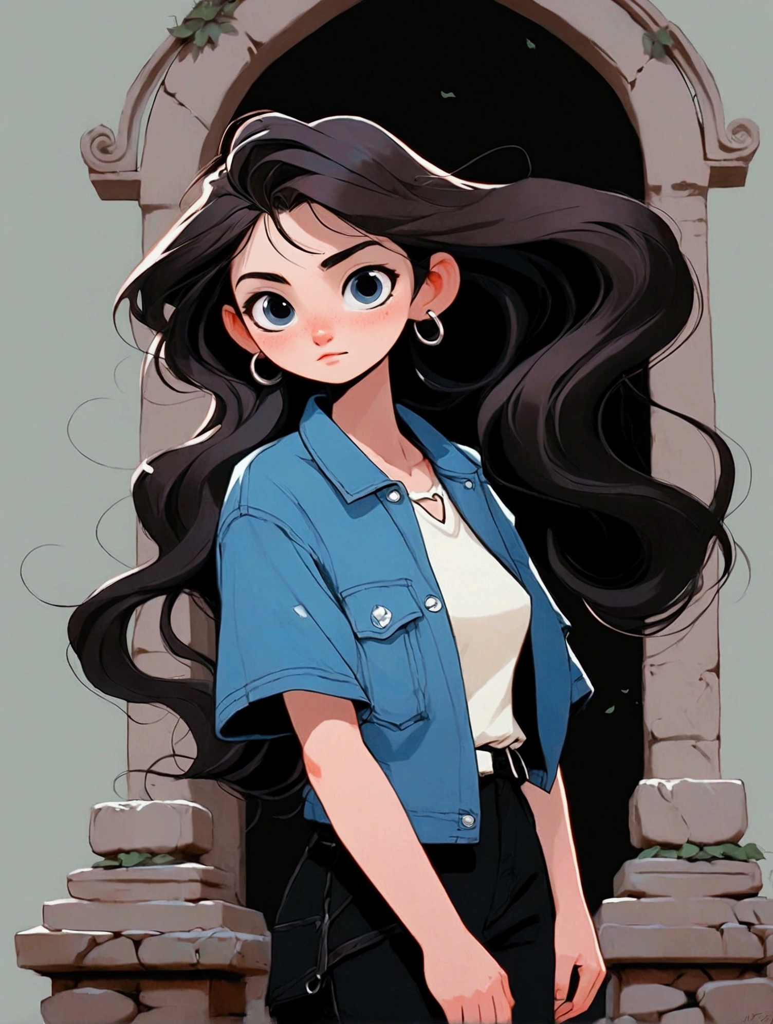 The girl, with her long hair, stands before a magnificent ancient gate. Thick trees surround the area, and lights dance between the branches, while a group of curious tourists stroll around her