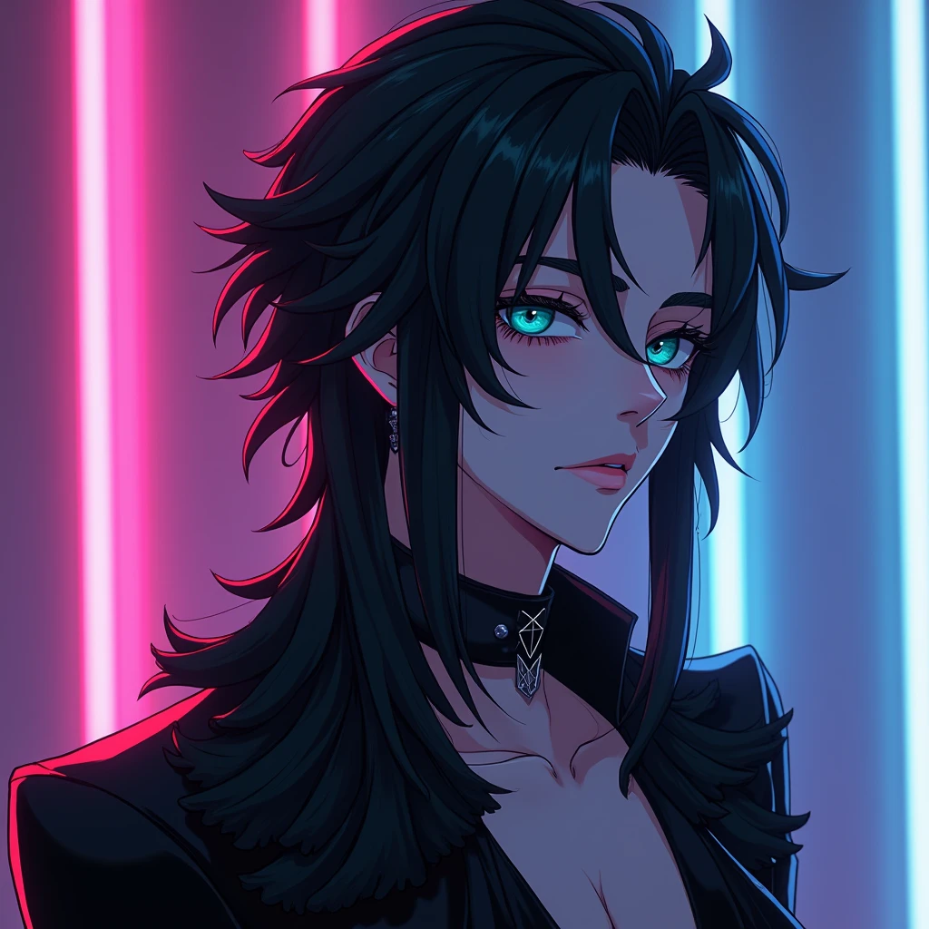 sexy, young male, with black long hair, teal blue eyes, delicate facial features, and pale and white skin. frilly Gothic clothes. anime style. blood. his eyes look soulless. Sexy pose. Sensual pose. (Cyberpunk) (pink and purple shading) male. (Neon highlights) (no light in eyes) looking gloomy. (No sparkle in his eyes) young boy. Sexy. Handsome (((sexy pose))) (((erotic)) (((male))