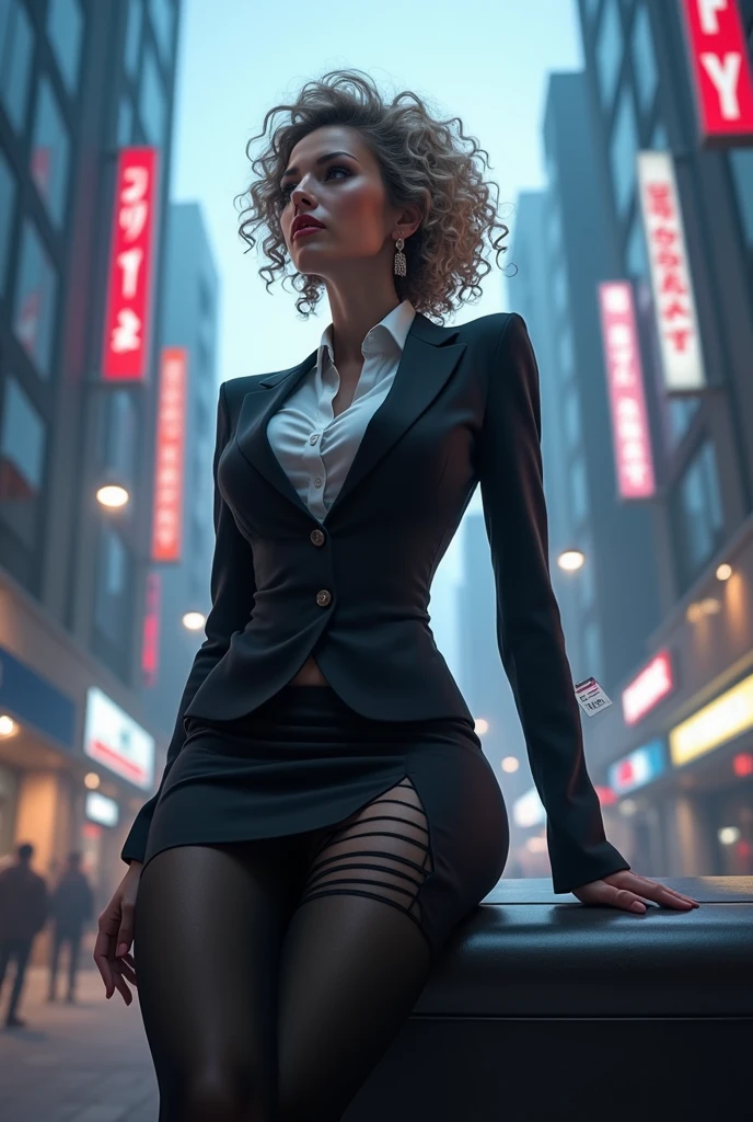 /quality (masterpiece,best quality,high resolution,High Quality,Realistic) /hair style (Curly Hair) /Clothes (pencil skirt,job interview suit,Black jacket,torn pantyhose:1.5,earring) /Pose Bend over,sit lean against a wall, legs spread:1.5 (Ahegao,orgasm,steam:1.5,swet:1.5), /Other crowd:1.5,fair skin,foot focus,lean against a wall,men,s hand:1.5,night, Roadside,ID card,