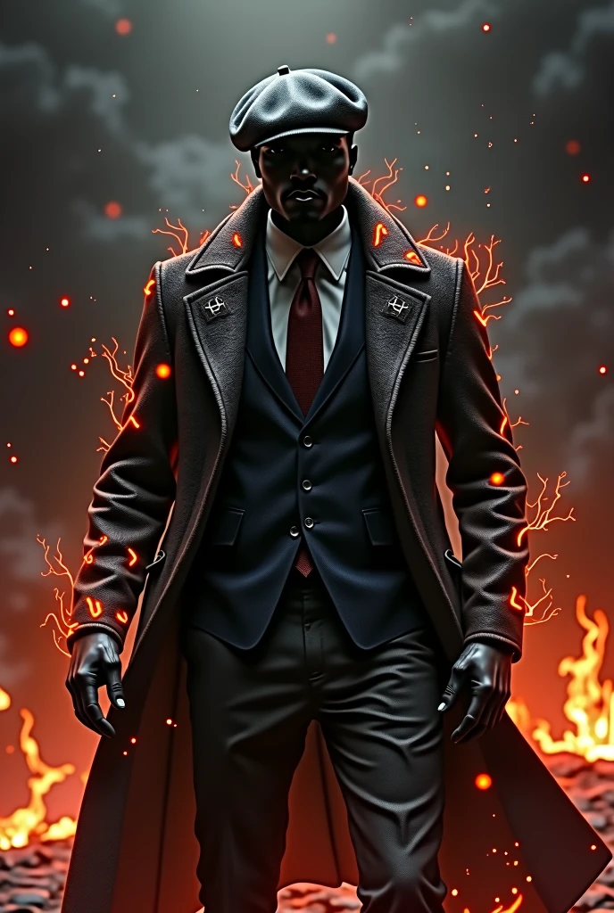 realistic animation black man in suit, overcoat and beret, no face dark colors and scales on fire