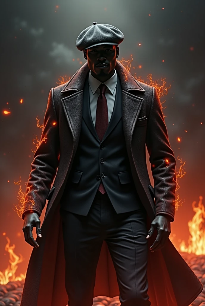 realistic animation black man in suit, overcoat and beret, no face dark colors and scales on fire