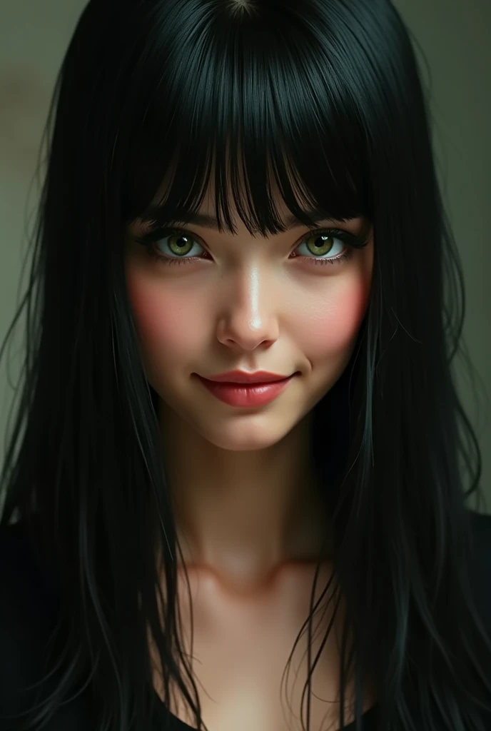 create a woman, straight black hair, greeneyes, Grinning, 5, pretty, brunette skin, with the appearance of a wise woman, seducing gaze