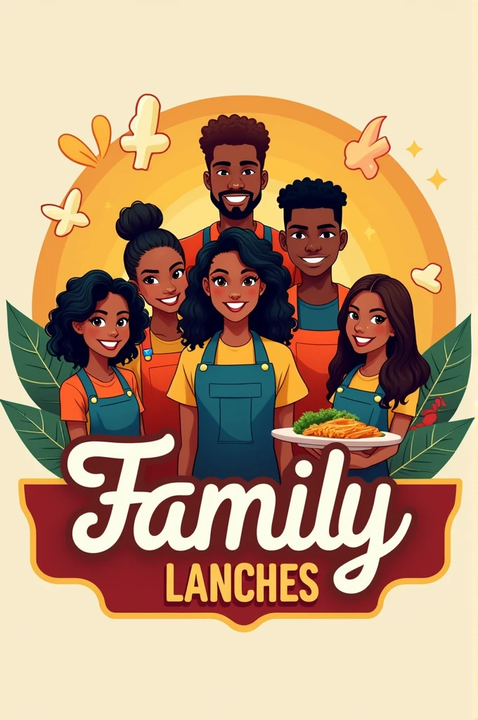 Create a logo for a snack bar with 6 black employees, the name is Family Lanches 