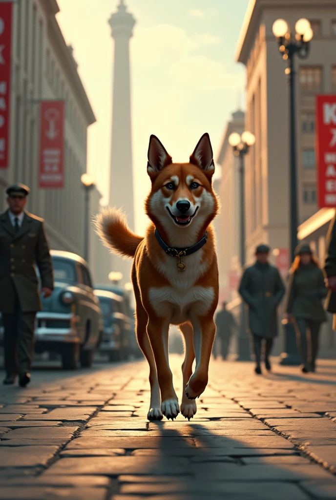 Create an image where you can see the dog Laika walking on the street