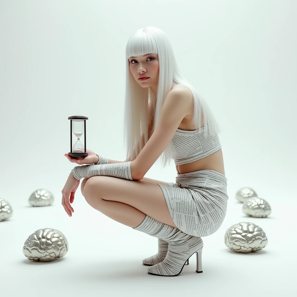 A woman with long straight white hair,she will wear a paper crop top made from newspaper,a mini paper skirt made from newspaper and a boot made from newspaper,she will be crouching and the background will be white with little metallic brains,I want her to be beautiful like a model and in her hand she will have an hourglass