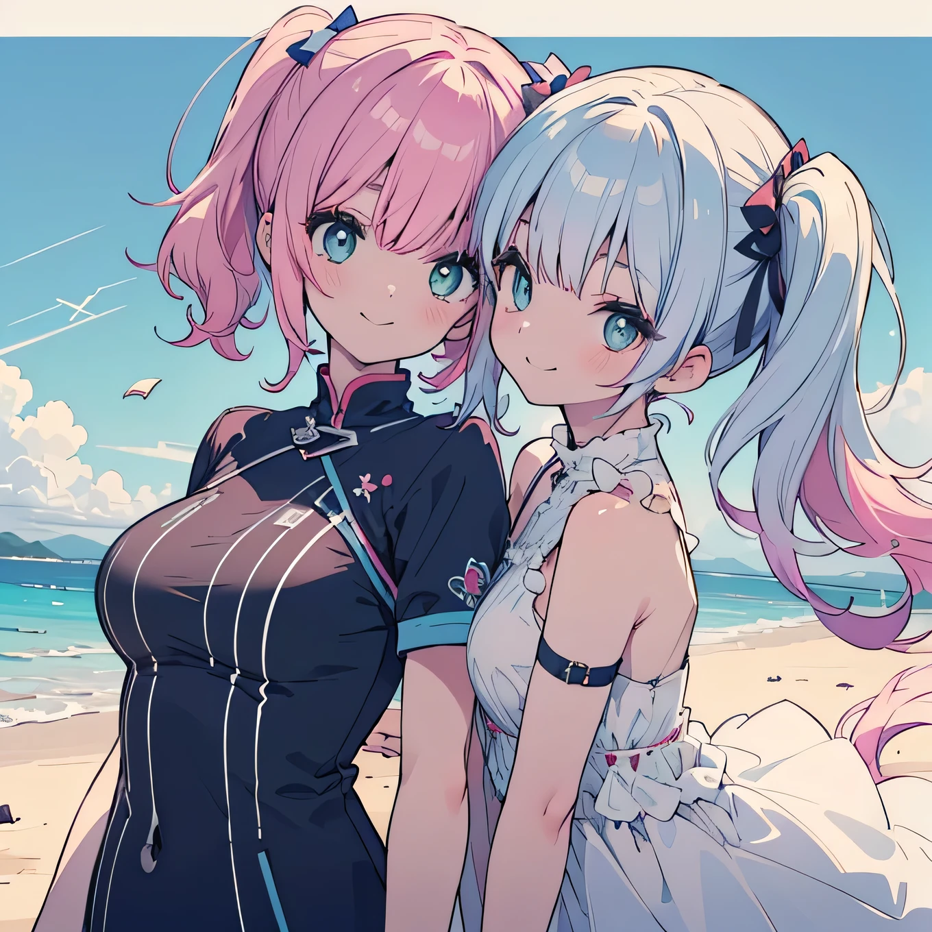 delicate、masterpiece、Highest quality、2 people、Only 2 people、2 people、(((cute、Pink Hair、Long Hair、Twin tails，distinct eyes、There is no &quot;have&quot;)))、(((cute、Silver Hair、Side Tail、High ponytail on the left、have)))、Flat Color、Both people are facing forward、Sparkling eyes sketch(flying debris), (Highest quality), Very detailed, ((1 person)), Focus Only，dynamic，((smile))，Perfect Face, Beautiful Face, Very detailedな顔，Swimwear，Idle only，Gorgeous hair ornament,smile，Large Breasts，Sandy Beach，Underarm、