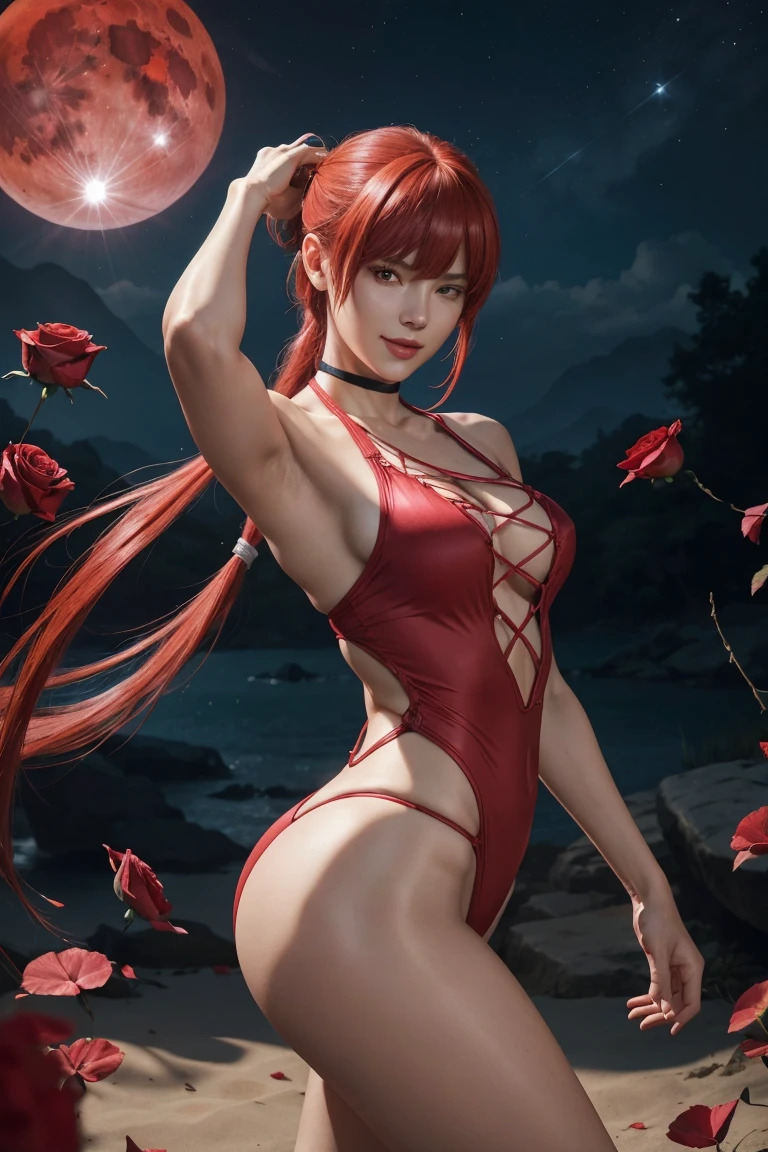 KOF,King of Fighters,Shermie,Red hair,long hair,Long hair tied in a ponytail,Hide your eyes with bangs,Beautiful white skin,Photorealistic,Ultra HD,high quality,masterpiece,Digital SLR,Detailed details,Intricate details,Anatomical basis,Depicted in detail,A detailed face,Realistic skin texture,Vivid details,Perfect Anatomy,Perfect Anatomy,Anatomically correct hand,Anatomically correct fingers,Super Detail,Complex 3D rendering,Sexy pose,Red swimsuit,Fantasy worldview,Beautiful red sea,Beautiful Red Moon,Beautiful night sky,Petals of roses dance,Picturesque,Pink Lips,smile,