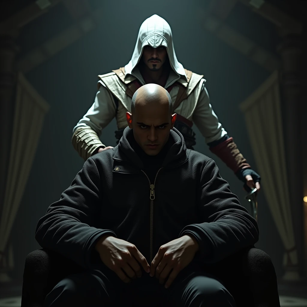 homme chauve asis avec un assassin's creed altair debout derriere lui avec sa lame secrete