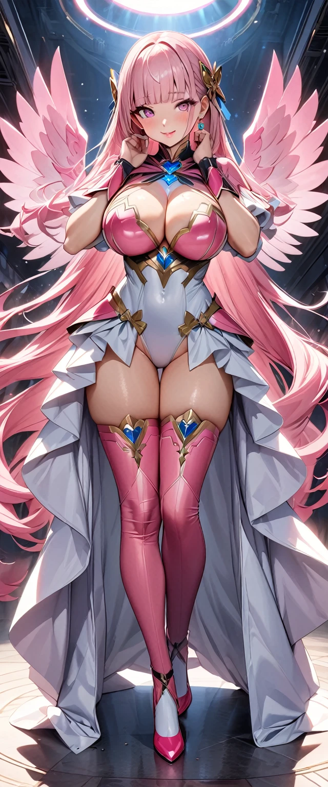 (Perfect Anatomy)、Mastepiece、Ultra High Quality、 8k、masterpiece、Highest quality、Ultra-high resolution、Maximum resolution、Very detailed、Professional Lighting、anime、woman、thin、so beautiful、Highly detailed eye、Highly detailed face、Golden earrings、Pink Hair,、Pink eyes、Detailed costume patterns、Big Breasts、Blue jewel on chest, makeup, eyeliner, eye shadow, pink cheek, pink lips, upper arm pink armor, white leotard, pink pattern, full body, magical girl, Angel Girl, Are standing, pink thigh high stockings, white super long boots, pink gauntlet, high heels, blunt bangs, Hime cut, bridal hair accessory, paladin robe、Surprise face、Surprise、Hands on cheeks