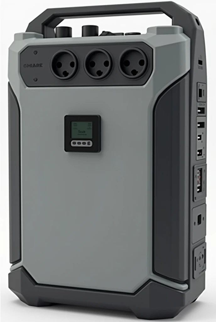 Portable power station : features is The color of the device should be gray tones, with dimensions of 55cm x 35cm x 60cm, 3 pcs AC inputs on the front, a square digital screen for control and USB and Type-C inputs.