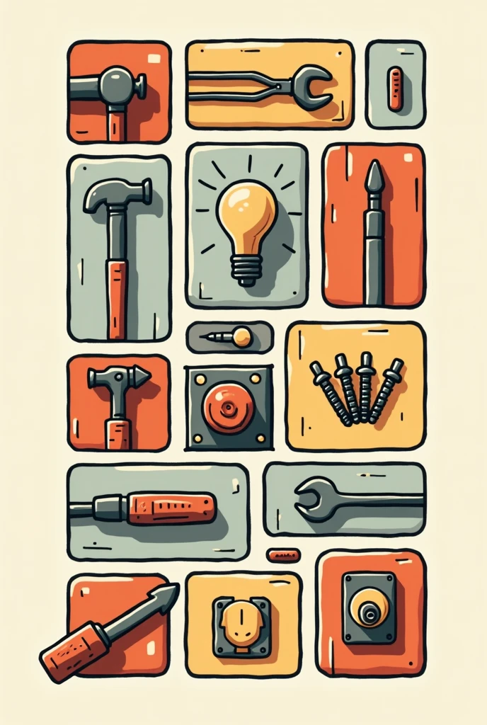 Create a drawing in the style of Joaquin Torres Garcia in vertical, but instead of having the symbols of that painter, draw symbols ONLY of basic electrical tools and components SIMPLE to draw (hammer, Wrench, tweezers, light bulb, Screwdriver, screws, thermal wrench, plug, switch). Make ALL squares and geometric shapes and inside some of these draw the tools. All with primary colors. Don&#39;t do it in 3D, Make it cartoon style just the outline and the tools in black and white. There are no borders between geometric figures. At least 15 squares of different asymmetrical sizes BUT ONLY GEOMETRIC FIGURES