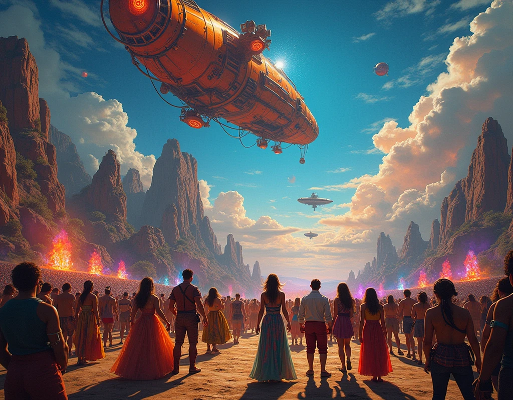 masterpiece biopunk painting of NEW YEARS PSY-TRANCE FESTIVAL in the style of Giotto di Bondone. Ultra-High Definition 64K, Detailed and Intricate, Digital Art, Photo, Realistic, steampunk air ships, Cinematic, Studio Lighting, Beautiful Lighting, landscape view.