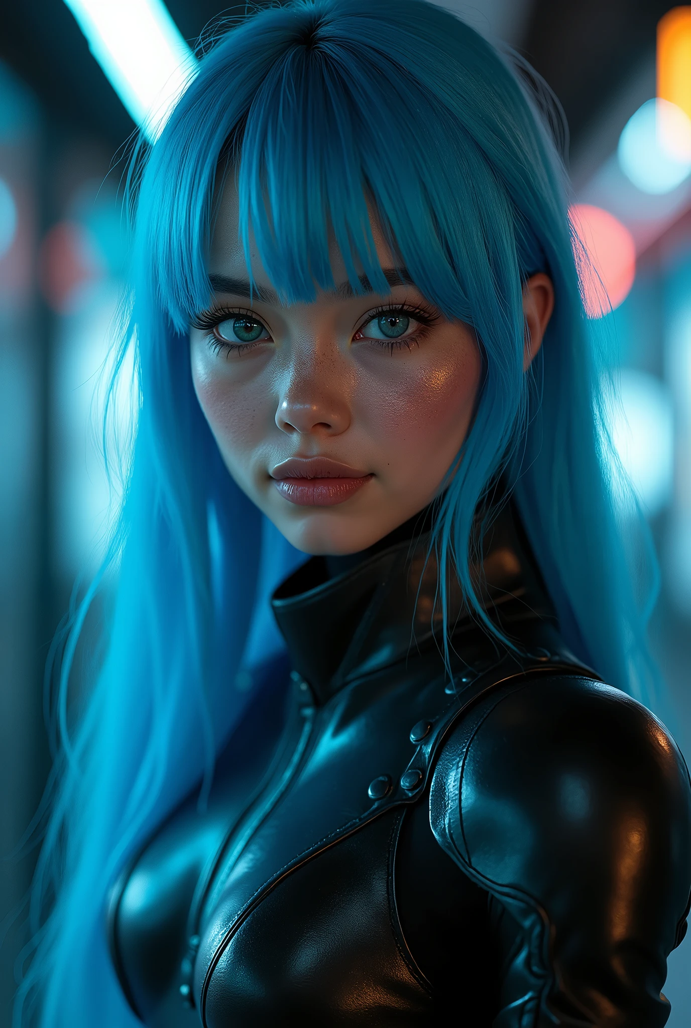 3, gorgeous cute Argentinian girl, big smile, freckles, (dark skin:1.4), (platinum blue long bangs hair:1.4) (Princess make-up:1.4), (masterpiece, best quality), 1girl, a girl in the dark, mecha, sci-fi armor, black matte angular armor, Bladerunner 2079, (lora:IOS_Iridescent_opal_style:0.8), wearing glasses, sexy look, famous beautiful model, good young girl, (masterpiece:1.0), (best_quality:1.0), ultra high res,4K,ultra-detailed, photography, 8K, HDR, highres, absurdres:1.2, Kodak portra 400, blurry background, bokeh, lens flare, (vibrant_color:1.2),professional photograph, (beautiful_face:1.5),(narrow_waist). --v 6