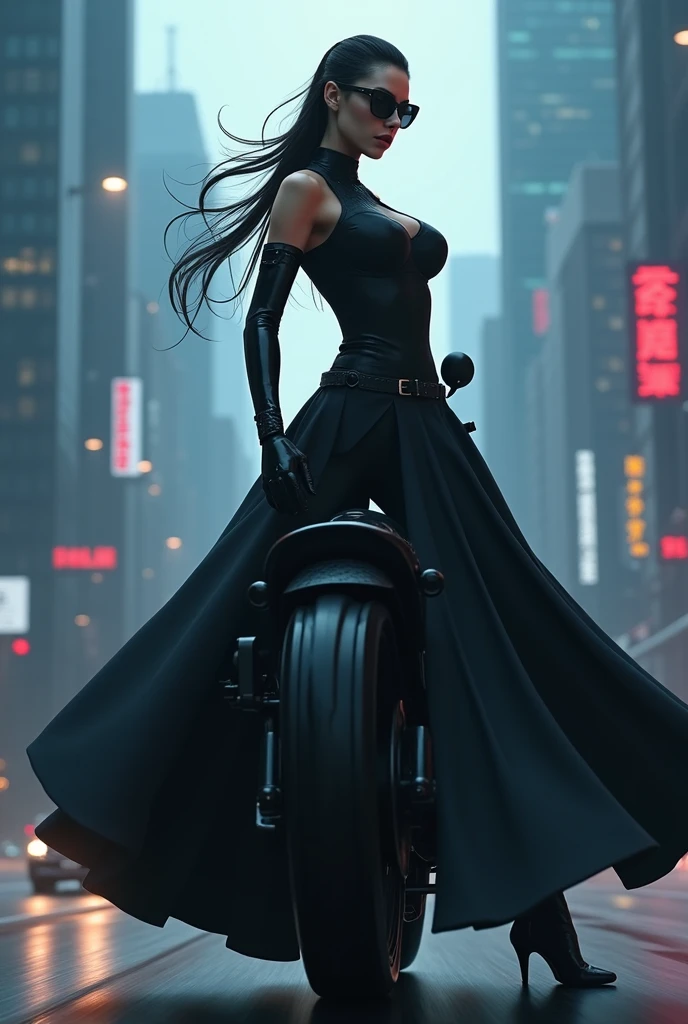 matrix trinity,kung fu,(masterpiece, Best Quality, High resolution, 32K HDR)), (Perfect portrait of trinity00:1.15), (black body suit:1.1, realistic Trinity sunglasses:1.1), Ultra detailed eyes, hyper derailed face, Detailed mouth, Detailed skin texture, (Atmospheric lighting), Shot with Aricum LT camera, (realistic driving the bike:1.2, on the highway:1.1, Huge breasts:1.15),