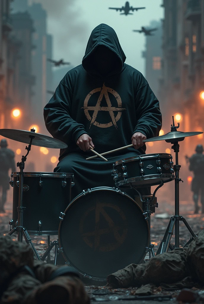 Drummer playing drums down the street, hooded dress black clothing printed with anarchy symbol, hidden face, kind of fat, down the street of the war torn city at night, fire and smoke, warplanes crossing the sky, bodies of soldiers lying in front of the ground