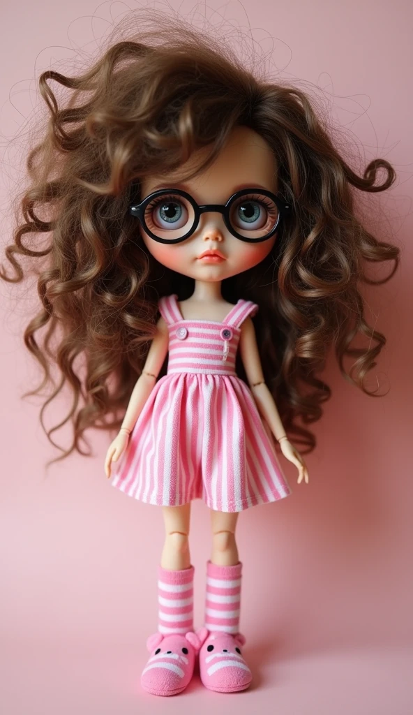 Create a curly brown blythe doll with straightened parts, brown with extremely messy and voluminous hair wearing round black prescription glasses. Have her wear a pink striped dress with thick straps and pink striped bear socks. Also let her wear a My Melody slipper. No accessories or makeup