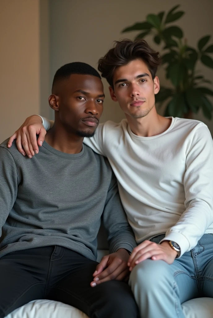 best qualityer:1.4), (ultra high resolution:1.2), (photorrealistic:1.4), (8k, CRU photo:1.2), a thin young man of 20 years old, skin black, with a smooth, beardless face, buzzcut haircut short on sides and top, is wearing black jeans. Gray long sleeve shirt. He is sitting on a white sofa in a living room. Buzzcut haircut with a little volume on top. Thin arms without weight training. Corte de cabelo buzzcut. There is another young man next to him. skin fair. sitting not sofa. Dark brown hair with volume. Long-sleeved white shirt. light jeans. He has his hand on the leg of the man next to him. Camera is focusing on their face