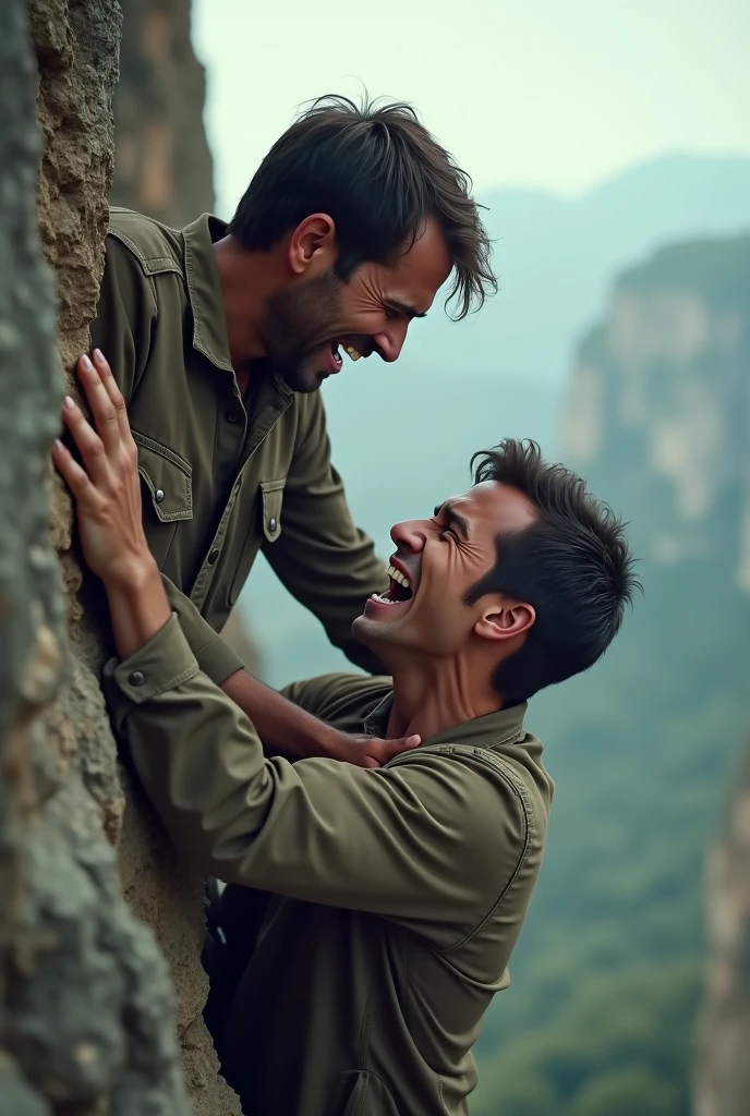 A father holding on with one hand and the other hand holding the hand of his age son who is struggling to get out of a cliff, that the father&#39;s face shows that he is making the maximum effort and that the son&#39;s face shows that he is scared, crying and screaming for help 