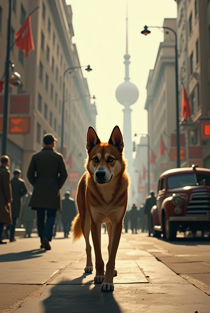 Create an image where you can see the dog Laika walking on the street 
