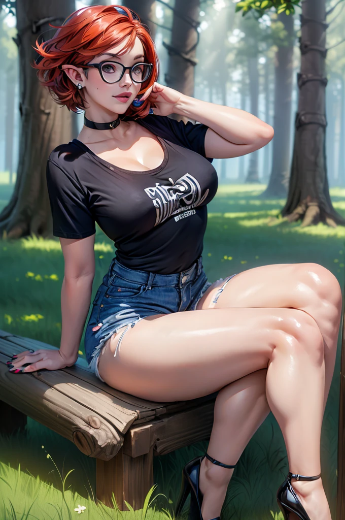 (large breasts 1.4), beautiful elf woman, ((Short Red Hair: 1.6, straight with shine)), bright blue eyes, bright eyes, double eyelids, light effect on eyes, detailed irises, sexy, curvy body, glasses,(( black tee shirt, choker, tiny denim shorts, black high heels, legs exposed,)) ((micro denim shorts, edgy sexy, Beautiful and cool, shorts)), ((work of art, hyper-realistic, hyper detailed, Best quality, 16k, light and shadow on skin, vivid colors), eyeliner, Thin eyebrows, Sensual expression, perfect lips, sexy mature face, ((skin with light and shadow) flirting seductively with the viewer, lots of freckles, full lips, extreme blush, smile, ((sitting with knees up and legs crossed on stone by lake)), daytime, noon, rays of light, masterpiece, ((hand resting in hair, biting lower lip)) ((Side View)),