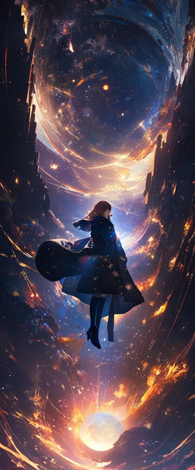 8k,非常に精細なCGユニットのwallpaper, masterpiece,High resolution,Highest quality,Highest quality real texture skin,Surreal,Increase the resolution,RAW Photos,Highest quality,Very detailed,wallpaper,Cinema Lighting,Ray-tracing,Golden Ratio, break ,Many stars shine beautifully in the winter night sky., Long exposure of the starry sky、Many circular orbits are visible in the image., I put my hands in my coat pockets and look up at the stars、Cute young woman silhouette, Photo taken from a distance, Picture below, Beautiful kaleidoscope-like multiple exposures overlapping each other