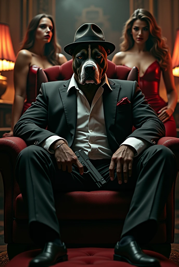 pitbull wearing gangster outfit with gangster hat holding a gun sitting in an armchair with 2 women