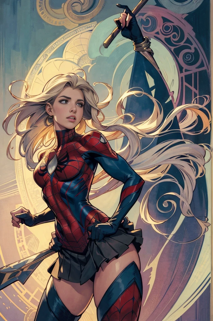 Emily Bett Rickards、stick out the navel、new york、wearing a torn spiderman suit、Wearing a skirt、Abstract and realistic、Artistic、Alphonse Mucha paintings（masterpiece、Highest quality、High resolution：1.4）、detailed、Exquisite detail、4K、Splashes of color、Line art、Fibonacci、